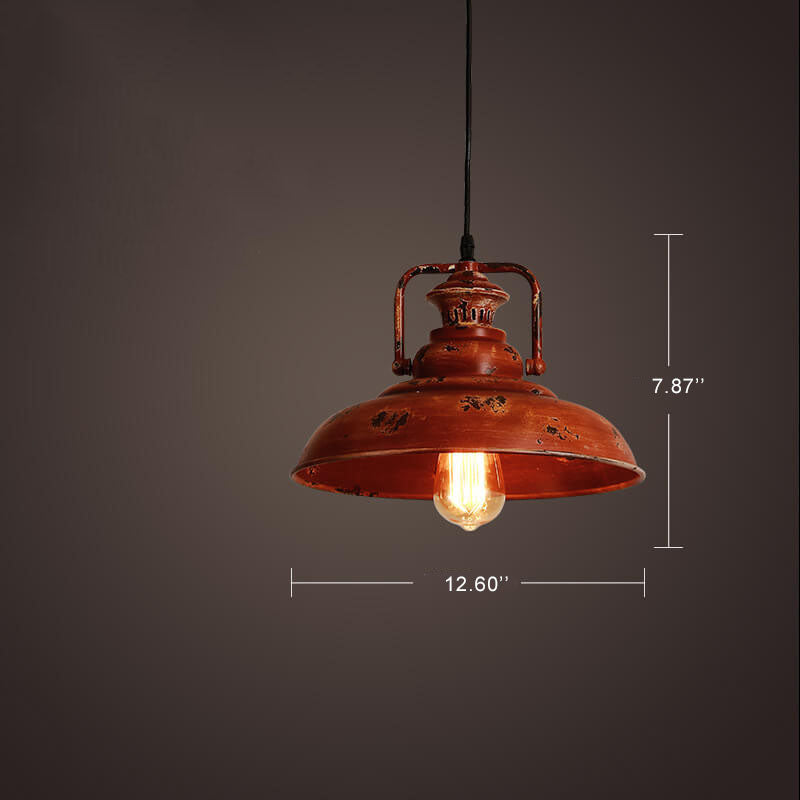 Vintage Red Rust Metal Dome Pendant Light for Kitchen or Dining Room