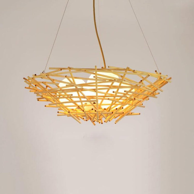 Natural Rattan Weaving Bird Nest 3-Light Chandelier for Boho Home Decor