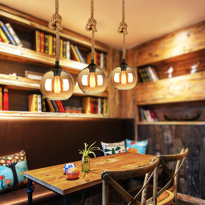 Vintage Glass and Metal Rope Pendant Light Fixture for Living Room