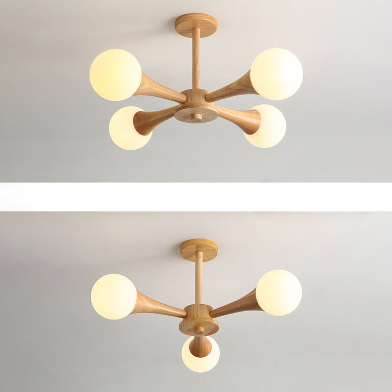 Rustic Japanese Wood Frame Glass Chandelier Light Fixture for Living Room