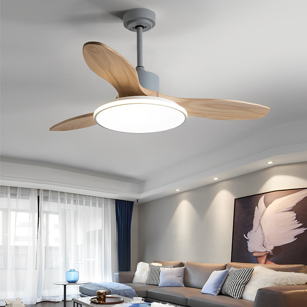 Nordic Wooden LED Ceiling Fan Light with Remote - 3 Step Dimming, Modern