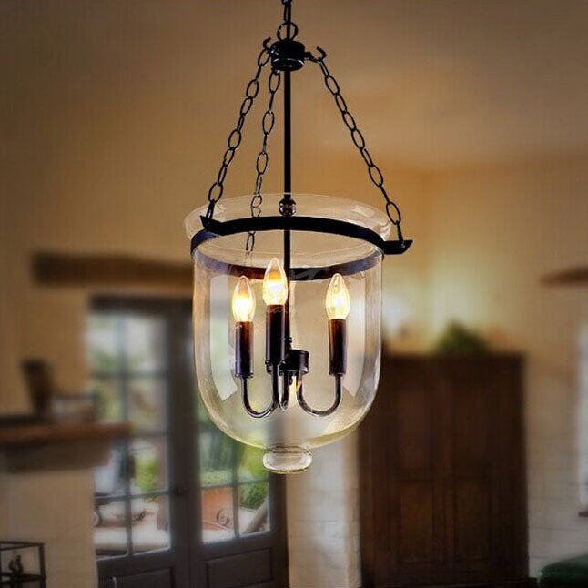 Rustic Iron 3-Light Round Glass Bucket Candelabra Chandelier for Living Room