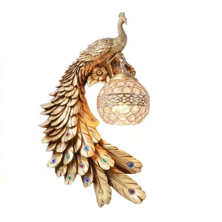 Vintage Ornate Peackcock Wall Sconce Lamp with Crystal Ball Shade for Living Room