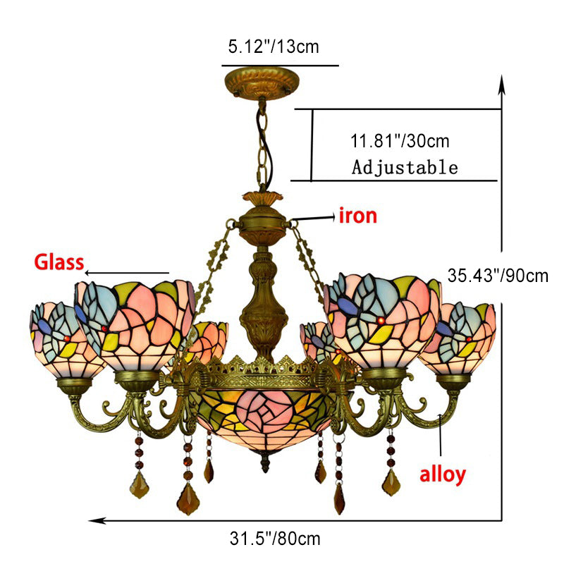 Vintage Tiffany-Style Floral Dome Iron Glass Chandelier for Living Room