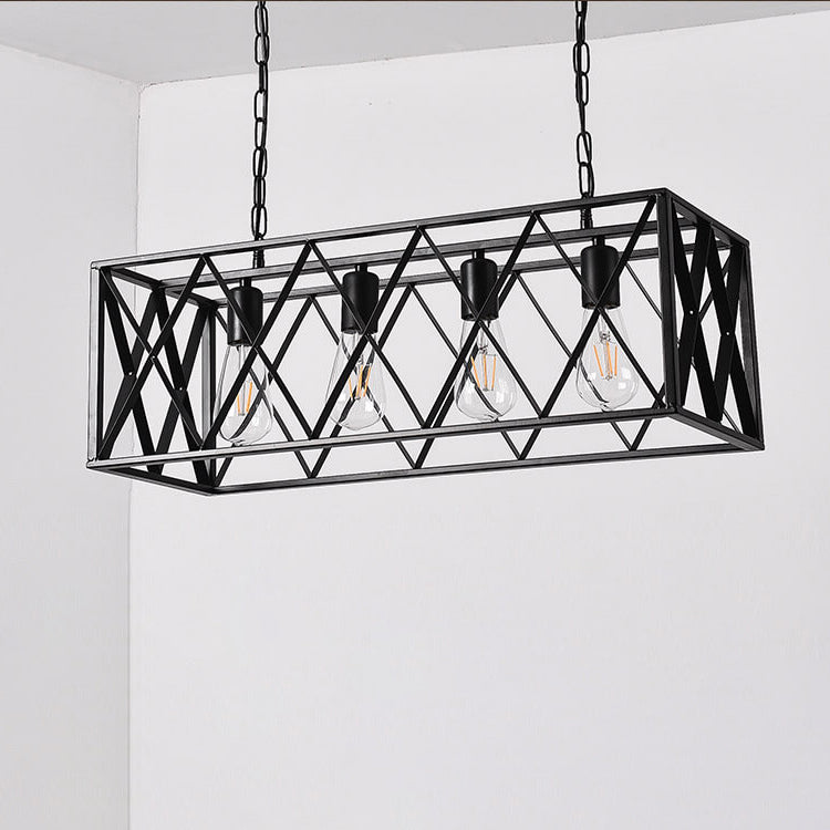Rustic Black Iron Cage Rectangle Chandelier for Dining Room Island Light