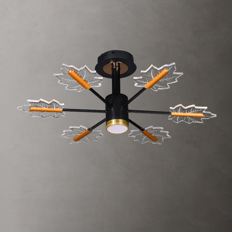 Sleek Black Iron Acrylic LED Chandelier with Maple Leaf Design for Living Room