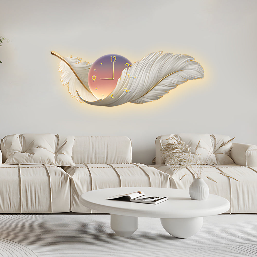 Modern White Feather LED Wall Lamp Clock Art Decor for Living Room