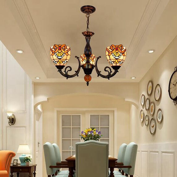 Traditional Tiffany Baroque Bell Alloy Glass 3-Light Chandelier For Living Room