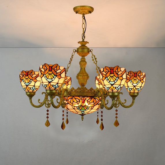 Vintage Tiffany Baroque Glass and Iron 8/11 Light Chandelier for Living Room