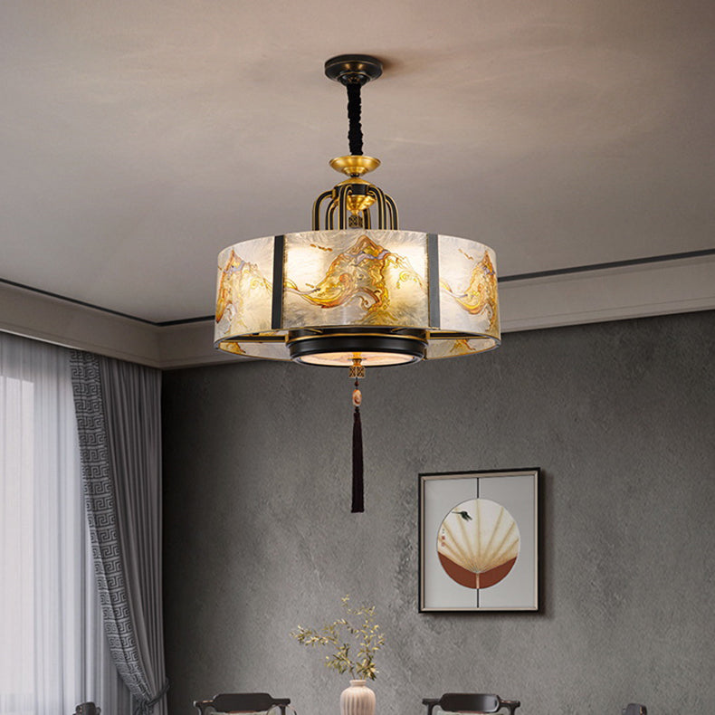 Traditional Brass Frame Enamel Glass Cylinder Chandelier for Living Room
