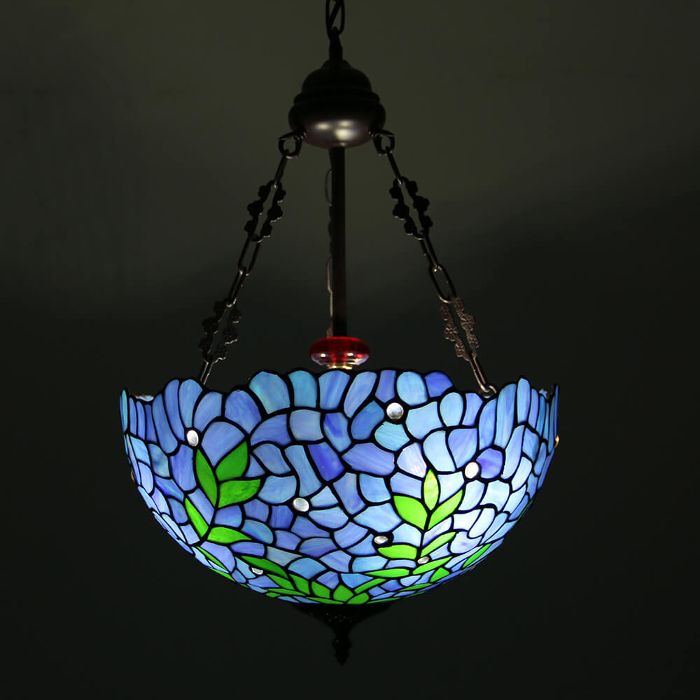 Vintage Tiffany Violet Stained Glass Round 3-Light Chandelier for Dining Room