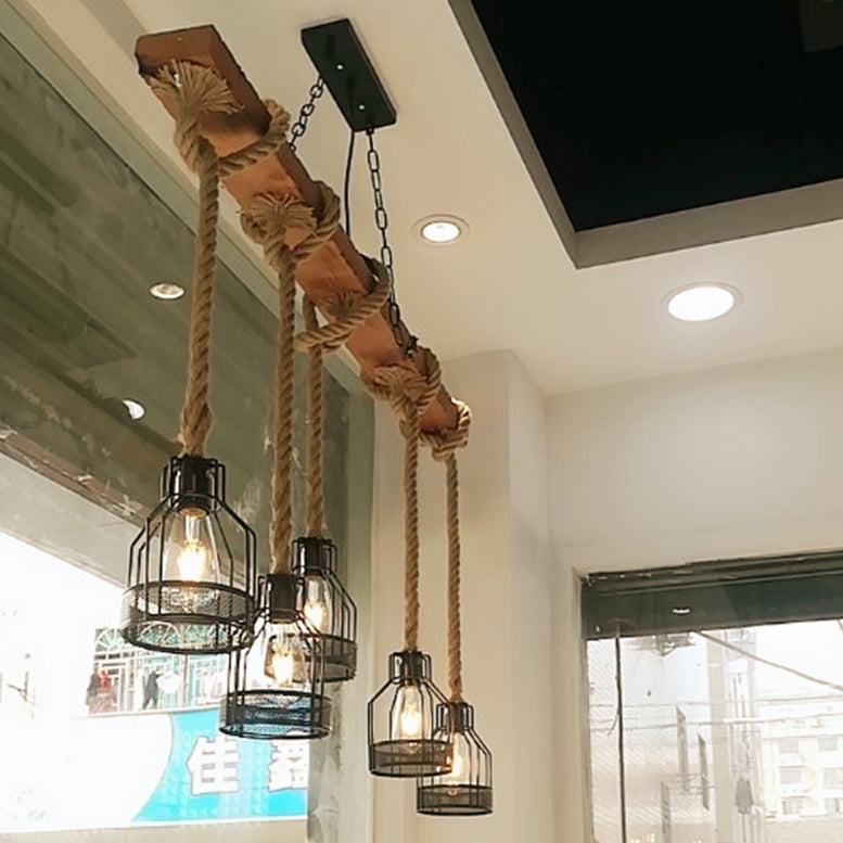 Rustic Wood Beam Iron Cage 5-Light Chandelier for Dining Room Decor