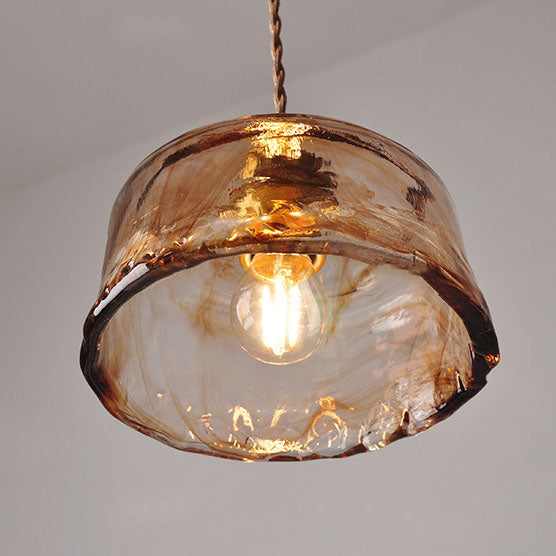 Vintage Amber Glass Drum Pendant Light with Brass for Living Room