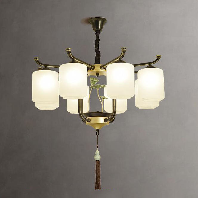 Elegant Traditional Chinese Iron Frame Chandelier with Glass Shade for Living Room