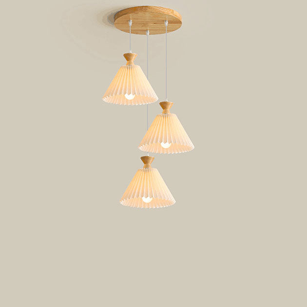 Traditional Japanese Pleated Cone Rubberwood Chandelier for Living Room