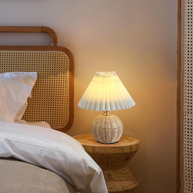 Scandinavian Rattan Pleated Conic LED Table Lamp for Modern Bedrooms