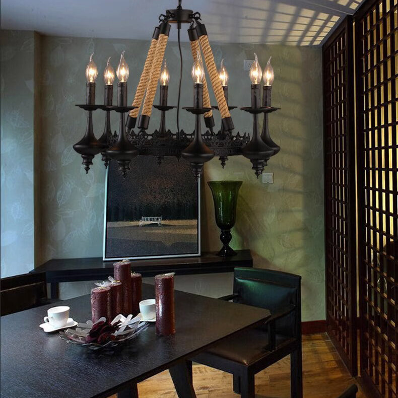 Rustic Iron and Hemp Rope Round Candelabra Chandelier for Living Room