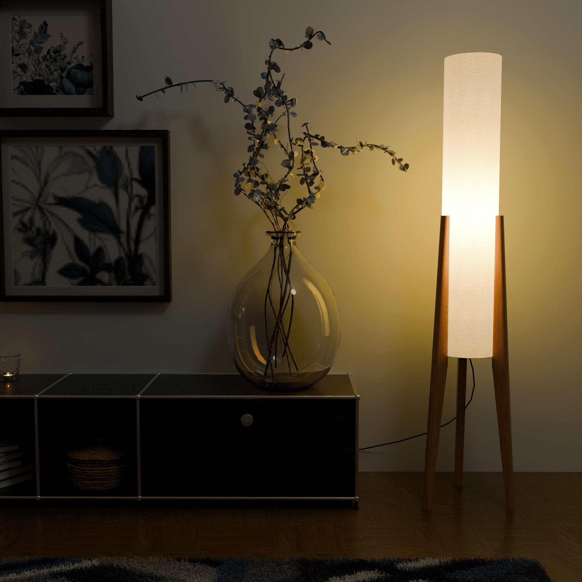 Modern White Fabric Floor Lamp with Wooden Base for Living Room Use