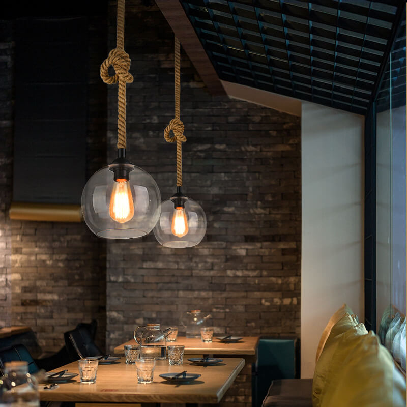 Vintage Glass and Metal Rope Pendant Light Fixture for Living Room