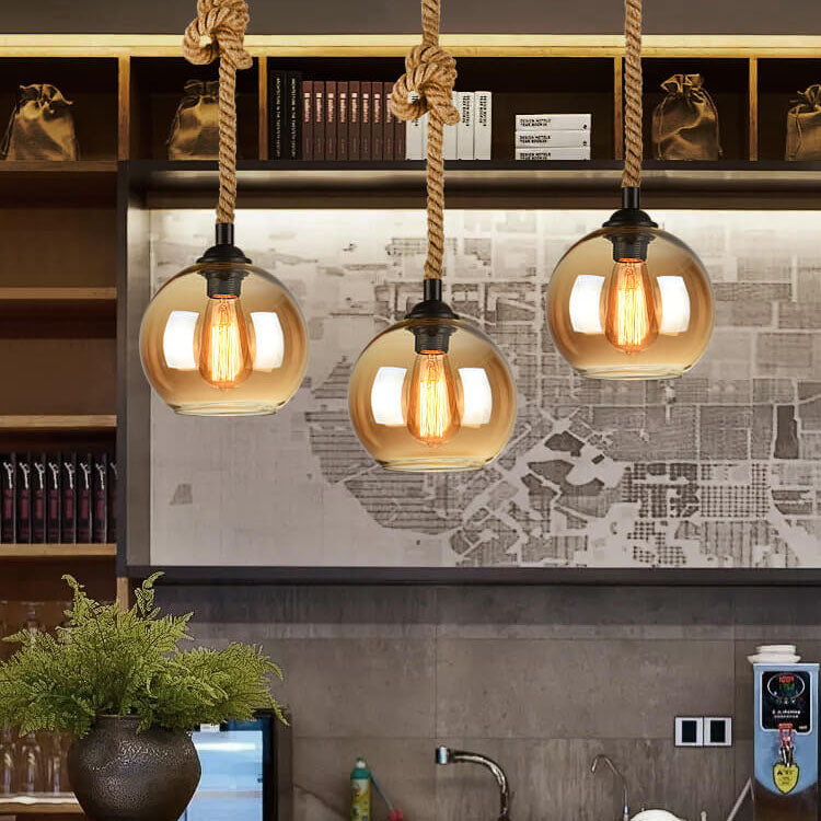 Vintage Glass and Metal Rope Pendant Light Fixture for Living Room