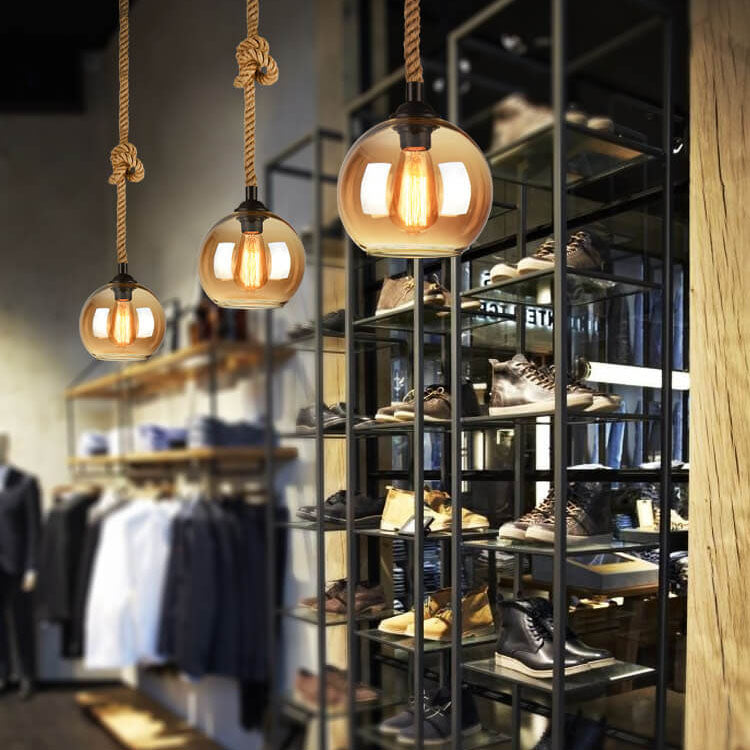 Vintage Glass and Metal Rope Pendant Light Fixture for Living Room