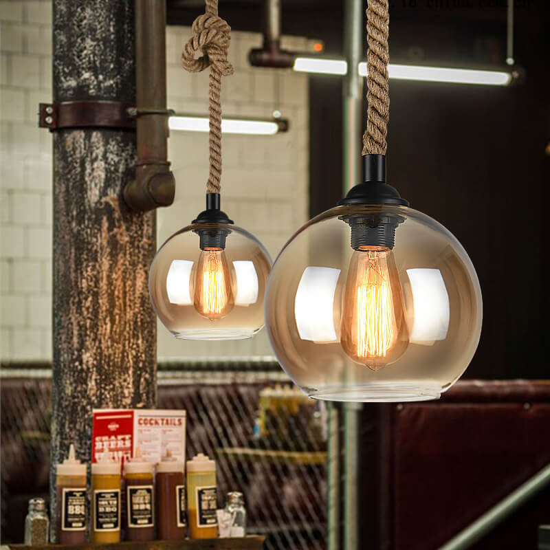 Vintage Glass and Metal Rope Pendant Light Fixture for Living Room