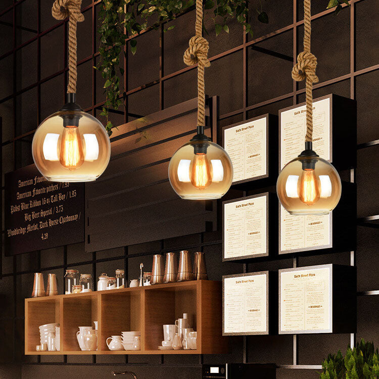 Vintage Glass and Metal Rope Pendant Light Fixture for Living Room