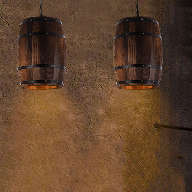 Rustic Round Iron & Wood Wine Barrel 1-Light Pendant for Dining Room