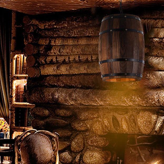Rustic Round Iron & Wood Wine Barrel 1-Light Pendant for Dining Room