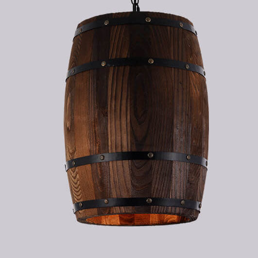 Rustic Round Iron & Wood Wine Barrel 1-Light Pendant for Dining Room