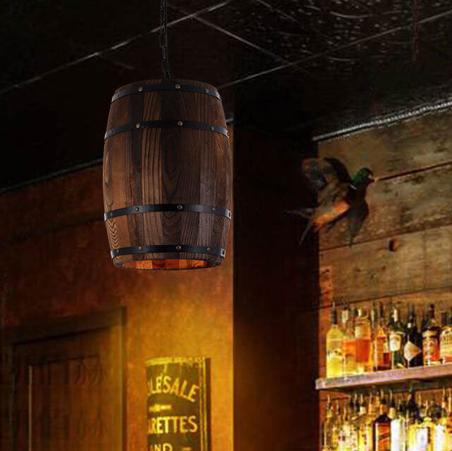 Rustic Round Iron & Wood Wine Barrel 1-Light Pendant for Dining Room