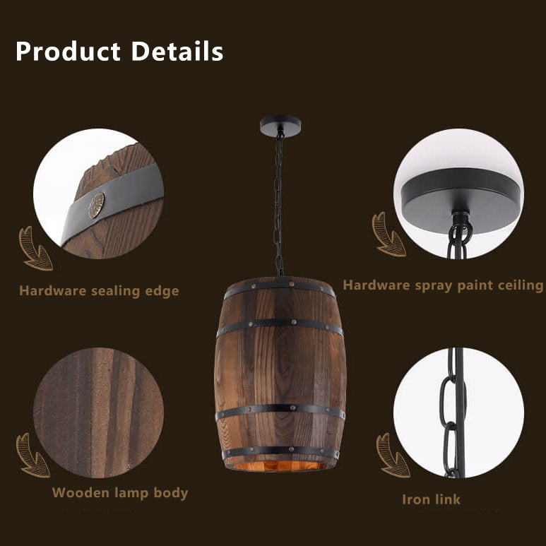 Rustic Round Iron & Wood Wine Barrel 1-Light Pendant for Dining Room