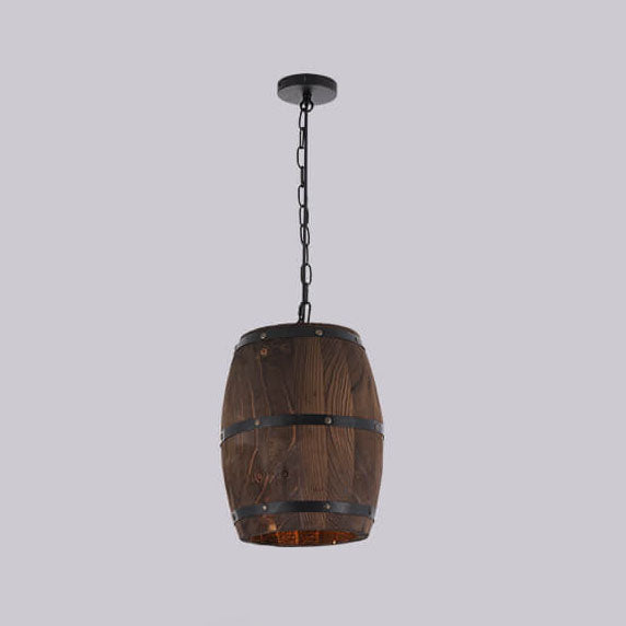 Rustic Round Iron & Wood Wine Barrel 1-Light Pendant for Dining Room