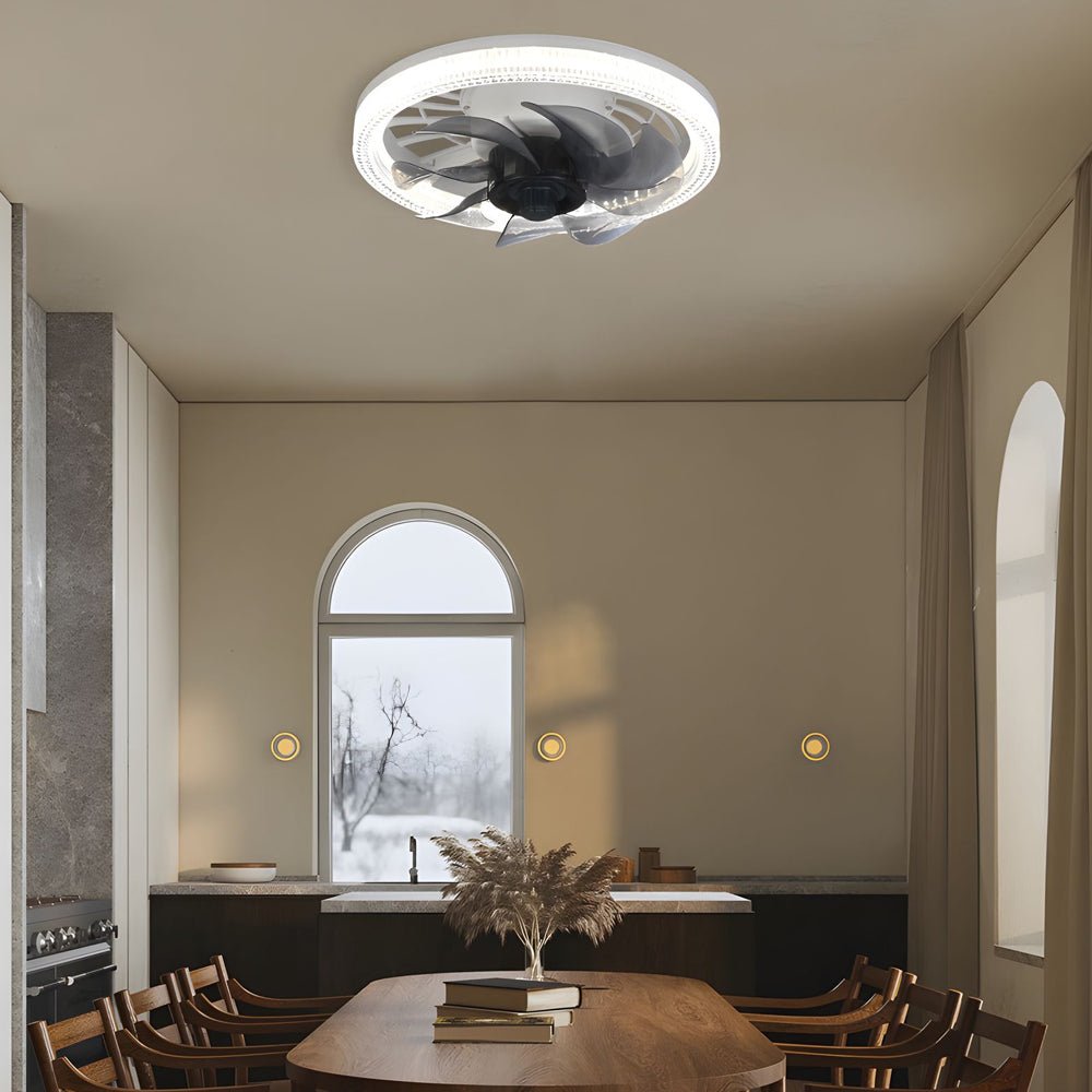 Contemporary White LED Flush Mount Ceiling Fan with 7 Blades, 12.2 in.