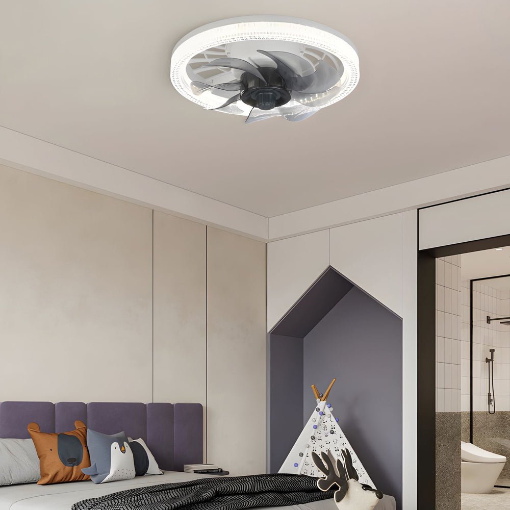 Contemporary White LED Flush Mount Ceiling Fan with 7 Blades, 12.2 in.