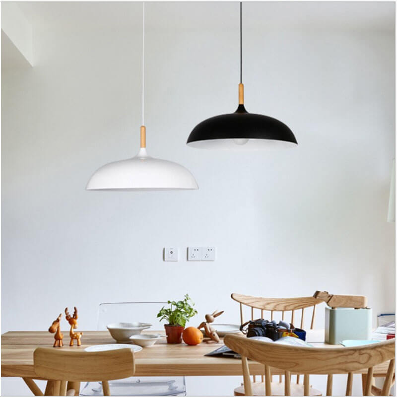 Sleek Black Metal and Wood Dome Pendant Light for Kitchen or Dining Room