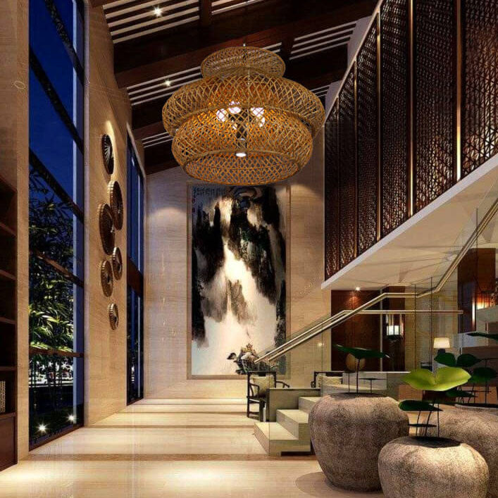 Vintage Rattan 3-Tier Chandelier Light Fixture for Bohemian Living Room