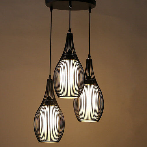 Rustic Black Iron Teardrop 3-Light Hanging Chandelier for Dining Room