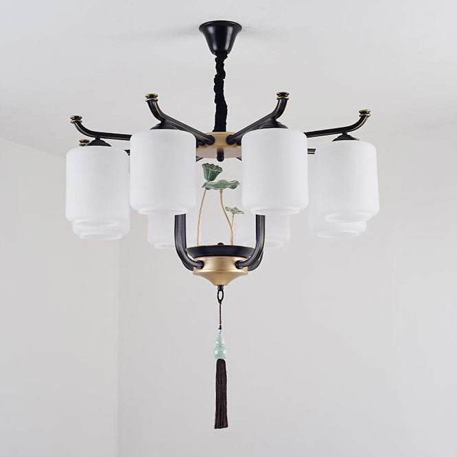Elegant Traditional Chinese Iron Frame Chandelier with Glass Shade for Living Room