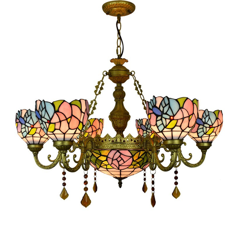 Vintage Tiffany-Style Floral Dome Iron Glass Chandelier for Living Room