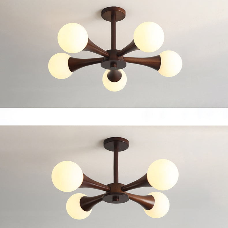 Rustic Japanese Wood Frame Glass Chandelier Light Fixture for Living Room