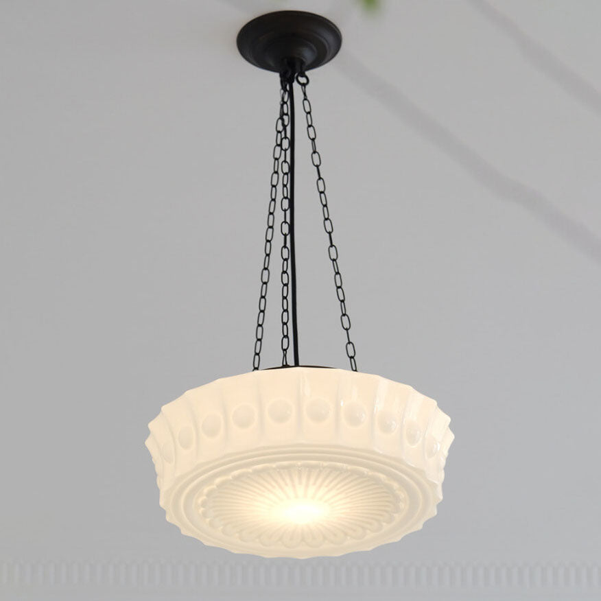 Elegant Black Iron Glass Striped Drum LED Ceiling Light for Living Room