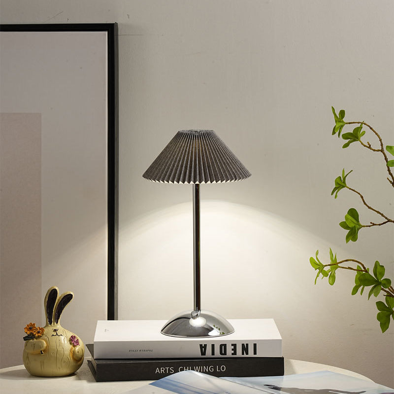 Modern Scandinavian Rechargeable Conic Pleated Fabric Table Lamp for Bedroom