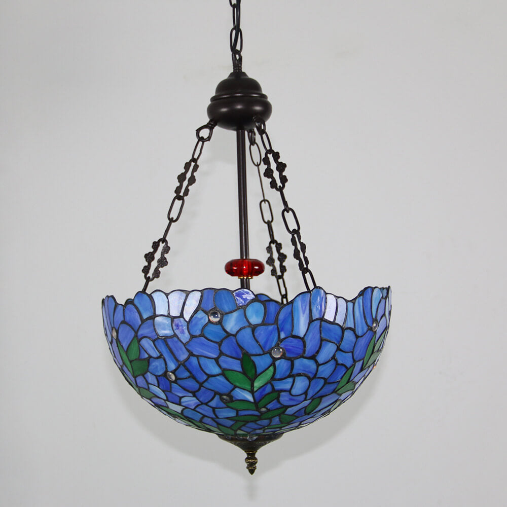 Vintage Tiffany Violet Stained Glass Round 3-Light Chandelier for Dining Room