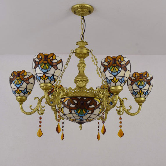 Vintage Tiffany Baroque Glass and Iron 8/11 Light Chandelier for Living Room