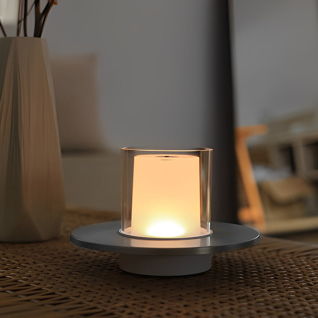 Elegant White Cordless Cylinder Table Lamp with Dish Base for Home Decor