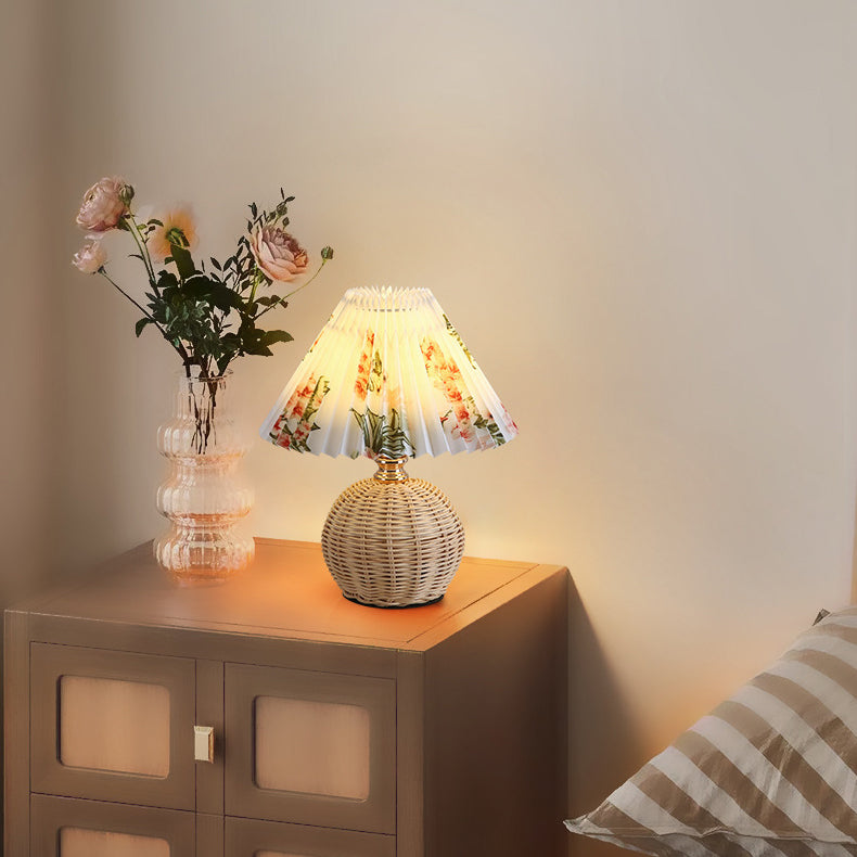Scandinavian Rattan Pleated Conic LED Table Lamp for Modern Bedrooms