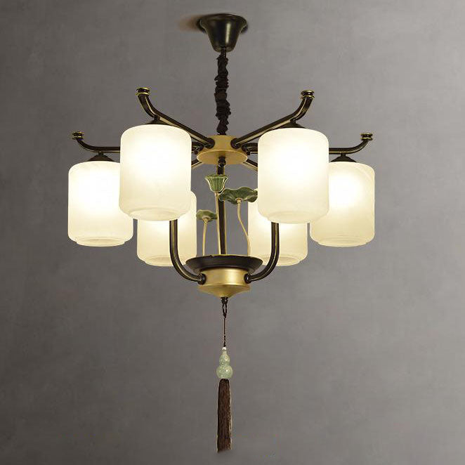 Elegant Traditional Chinese Iron Frame Chandelier with Glass Shade for Living Room