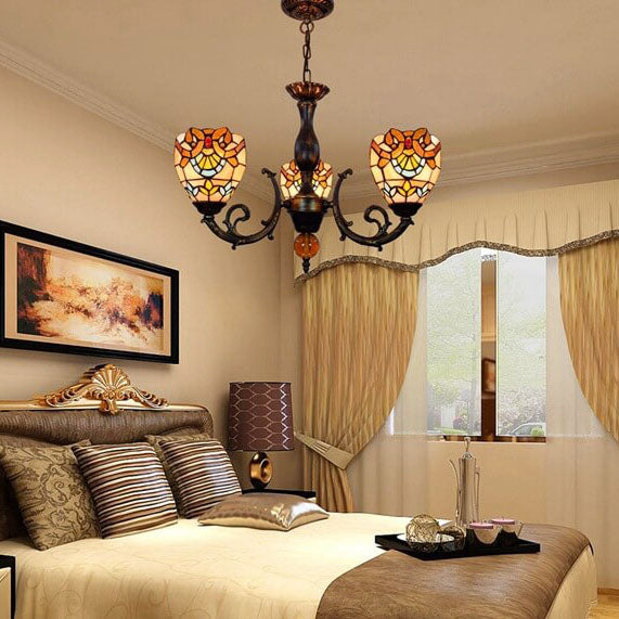Traditional Tiffany Baroque Bell Alloy Glass 3-Light Chandelier For Living Room