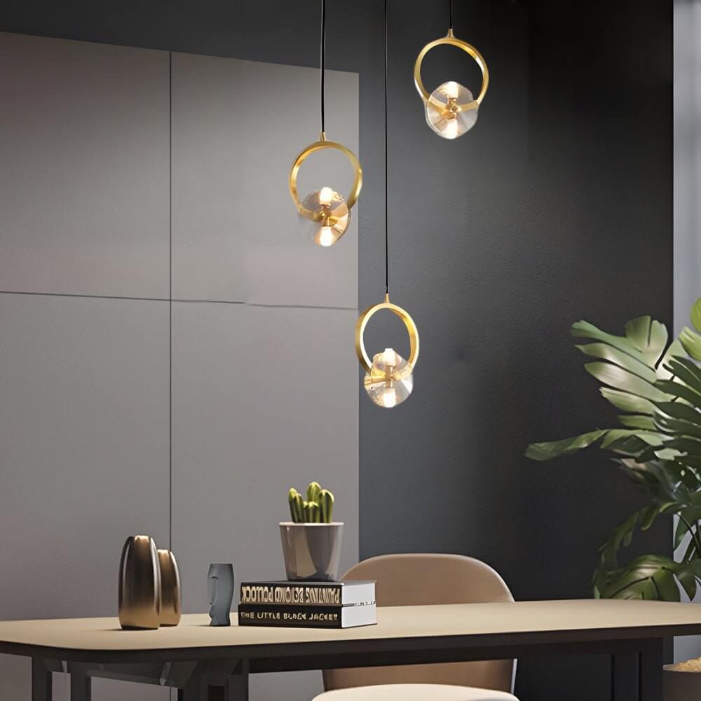 Modern Round Copper Crystal LED Pendant Light for Dining Room & Living Room